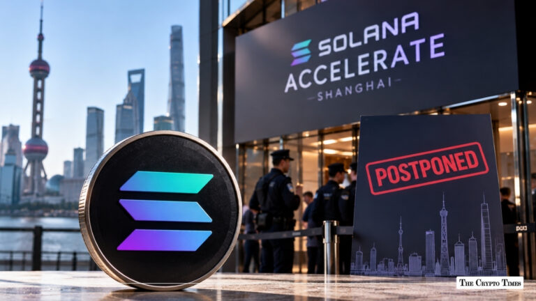 Physical Solana coin next to a postponed Solana Accelerate Shanghai event notice