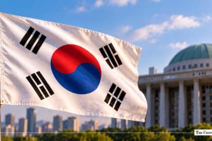 South Korean flag waving in front of the National Assembly dome representing crypto regulation and government blockchain initiatives