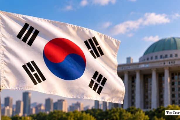 South Korean flag waving in front of the National Assembly dome representing crypto regulation and government blockchain initiatives