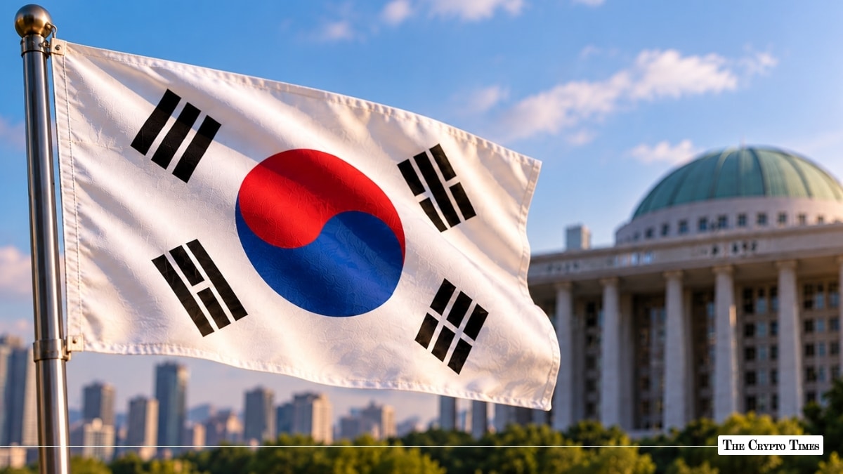 South Korean flag waving in front of the National Assembly dome representing crypto regulation and government blockchain initiatives