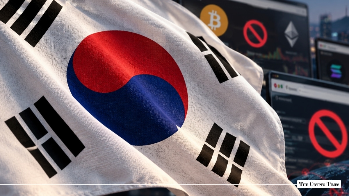 South Korea flag in front of crypto trading screens with prohibition icons