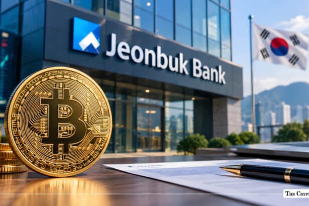 Physical Bitcoin coin next to documents in front of Jeonbuk Bank building and South Korean flag.