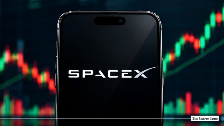 Smartphone displaying the SpaceX logo in front of a stock market candlestick chart.