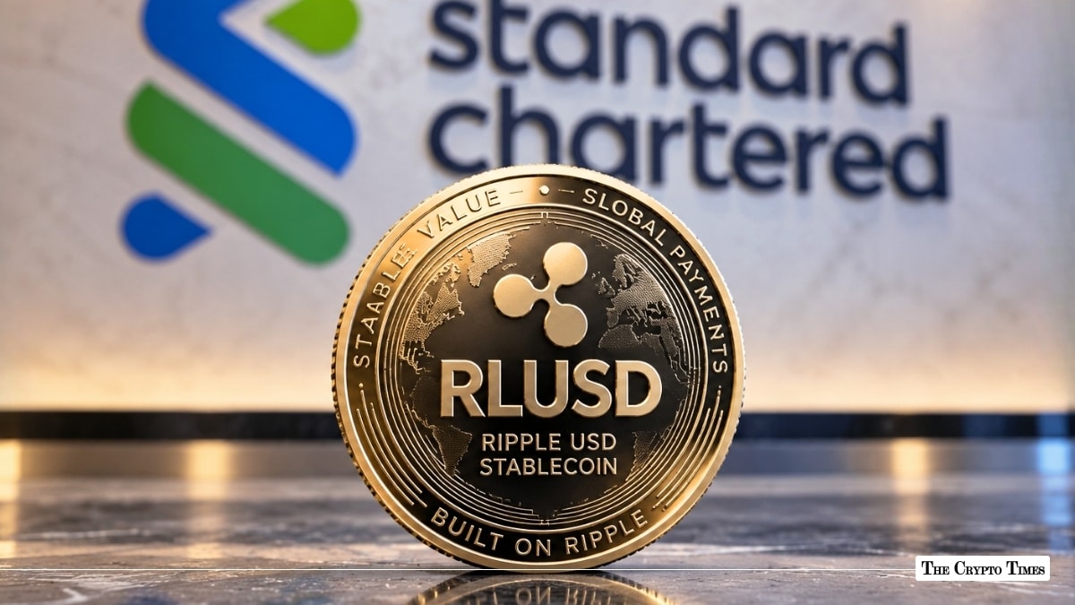 Ripple USD (RLUSD) stablecoin coin in front of Standard Chartered logo
