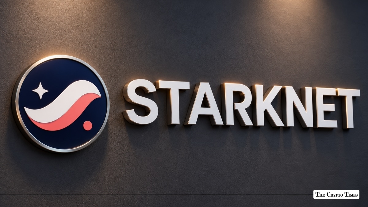 Starknet logo mounted on a dark wa