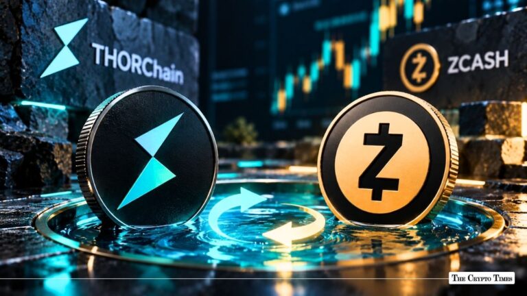 THORChain and Zcash physical tokens resting on a illuminated surface with swap arrows and brand logos.