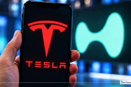 Smartphone screen displaying the red Tesla corporate logo