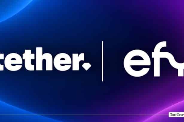 Tether and Ether.fi logos displayed side by side against a blue and purple gradient background.