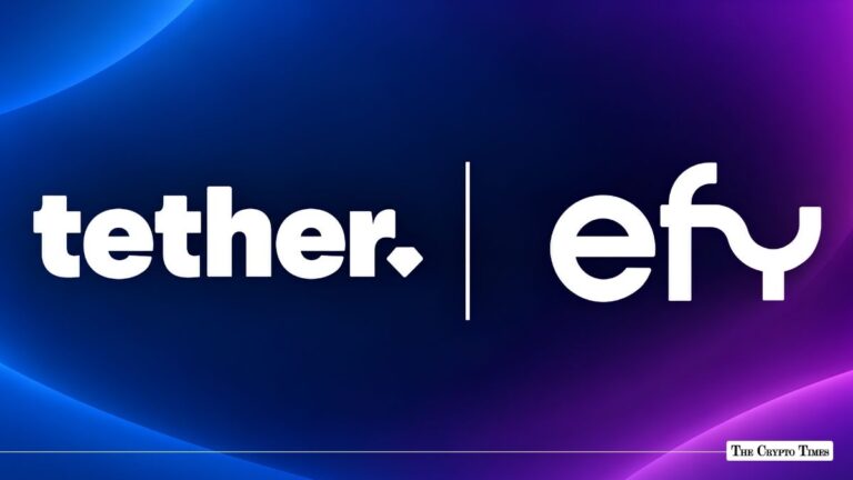 Tether and Ether.fi logos displayed side by side against a blue and purple gradient background.
