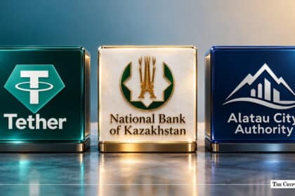 Three glass display blocks featuring logos for Tether, National Bank of Kazakhstan, and Alatau City Authority arranged side by side