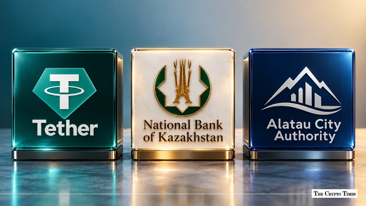 Three glass display blocks featuring logos for Tether, National Bank of Kazakhstan, and Alatau City Authority arranged side by side