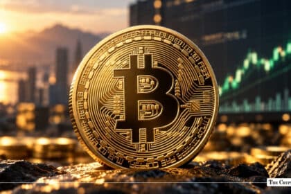 Gold Bitcoin BTC coin in front of an upward green market chart