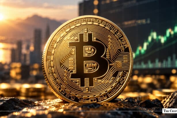 Gold Bitcoin BTC coin in front of an upward green market chart