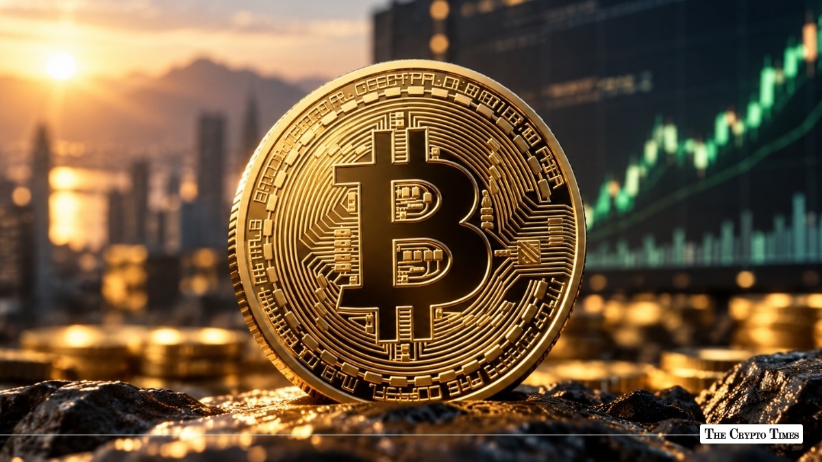 Gold Bitcoin BTC coin in front of an upward green market chart