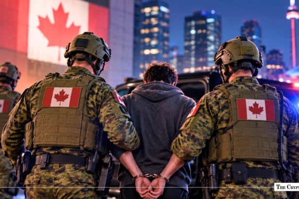 Canadian law enforcement officers arresting a handcuffed suspect in Toronto