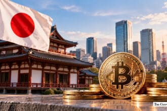 Physical Bitcoin coin with the Japanese flag, traditional temple, and Tokyo skyline in the background.