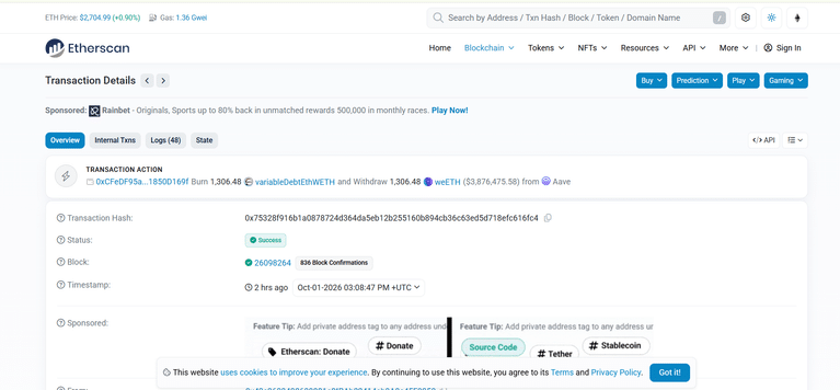 Transaction showing the withdrawal of 1,306.48 weETH