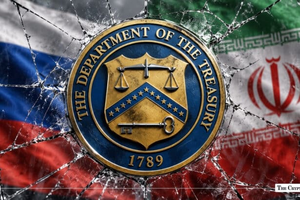 US Department of the Treasury seal over Russian and Iranian flags behind shattered glass symbolizing crypto sanctions enforcement