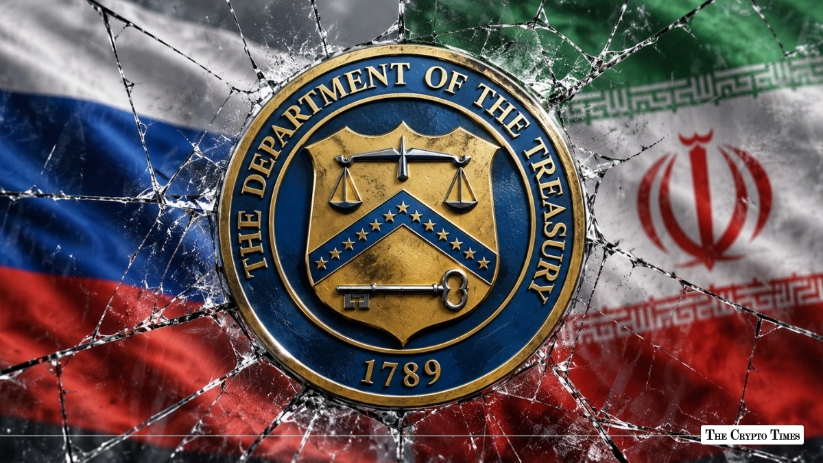 US Department of the Treasury seal over Russian and Iranian flags behind shattered glass symbolizing crypto sanctions enforcement