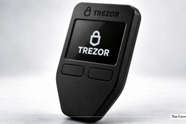 Black Trezor hardware cryptocurrency wallet with display screen showing the Trezor logo.