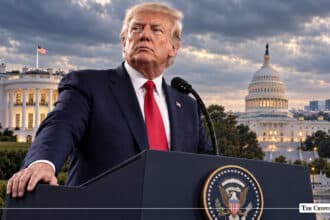 Donald Trump speaking at a presidential podium with the White House and US Capitol dome in the background
