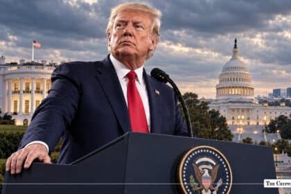 Donald Trump speaking at a presidential podium with the White House and US Capitol dome in the background