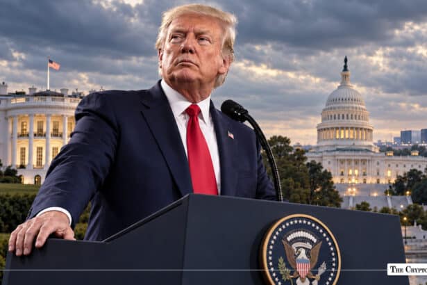 Donald Trump speaking at a presidential podium with the White House and US Capitol dome in the background