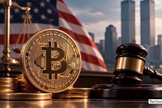 Physical Bitcoin coin next to a judge's gavel with an American flag and city skyline in the background.