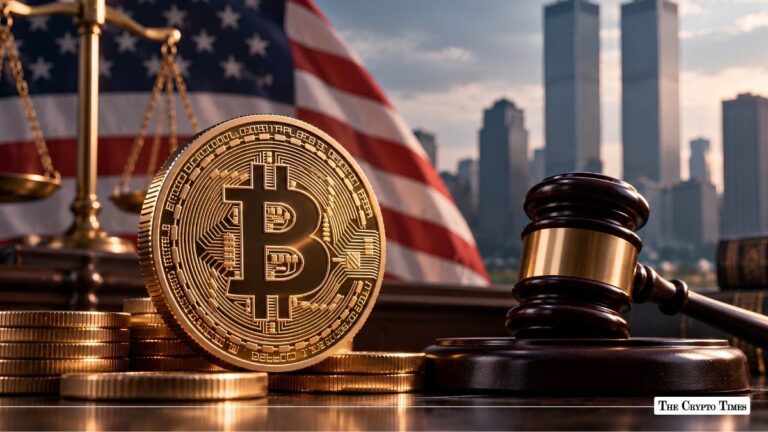 Physical Bitcoin coin next to a judge's gavel with an American flag and city skyline in the background.