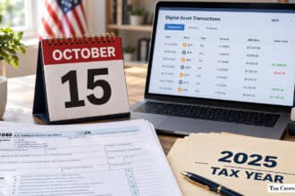 October 15 desk calendar next to laptop displaying digital asset crypto transaction records and Form 1040 tax documents