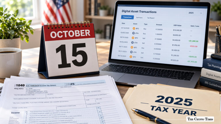 October 15 desk calendar next to laptop displaying digital asset crypto transaction records and Form 1040 tax documents