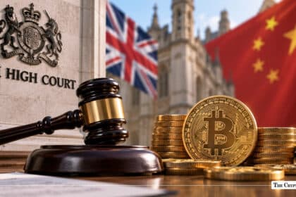 Judicial gavel and Bitcoin coins framed by the UK High Court seal and British and Chinese flags