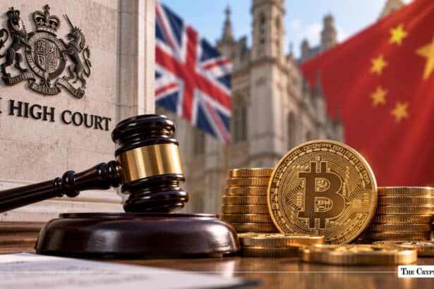 Judicial gavel and Bitcoin coins framed by the UK High Court seal and British and Chinese flags