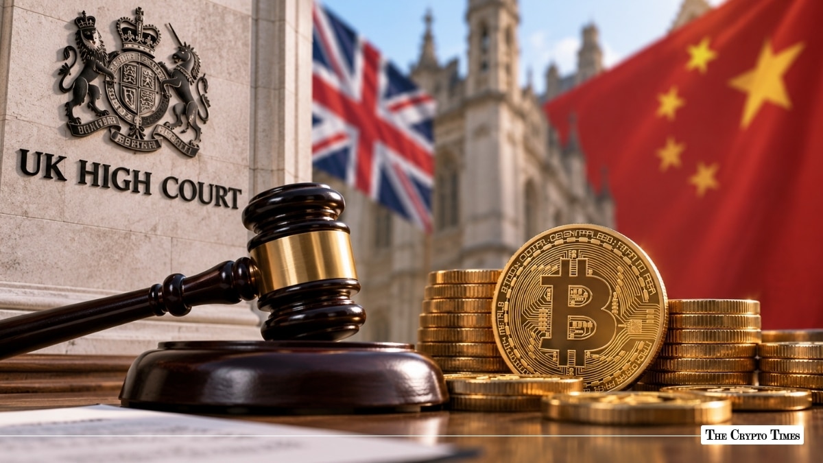Judicial gavel and Bitcoin coins framed by the UK High Court seal and British and Chinese flags