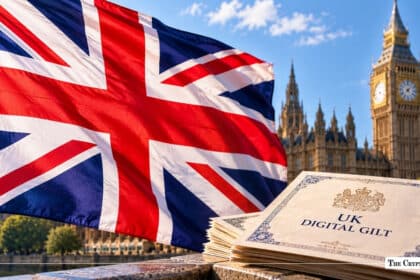 Stack of "UK Digital Gilt" certificates next to a waving Union Jack flag with the Palace of Westminster and Big Ben in the background