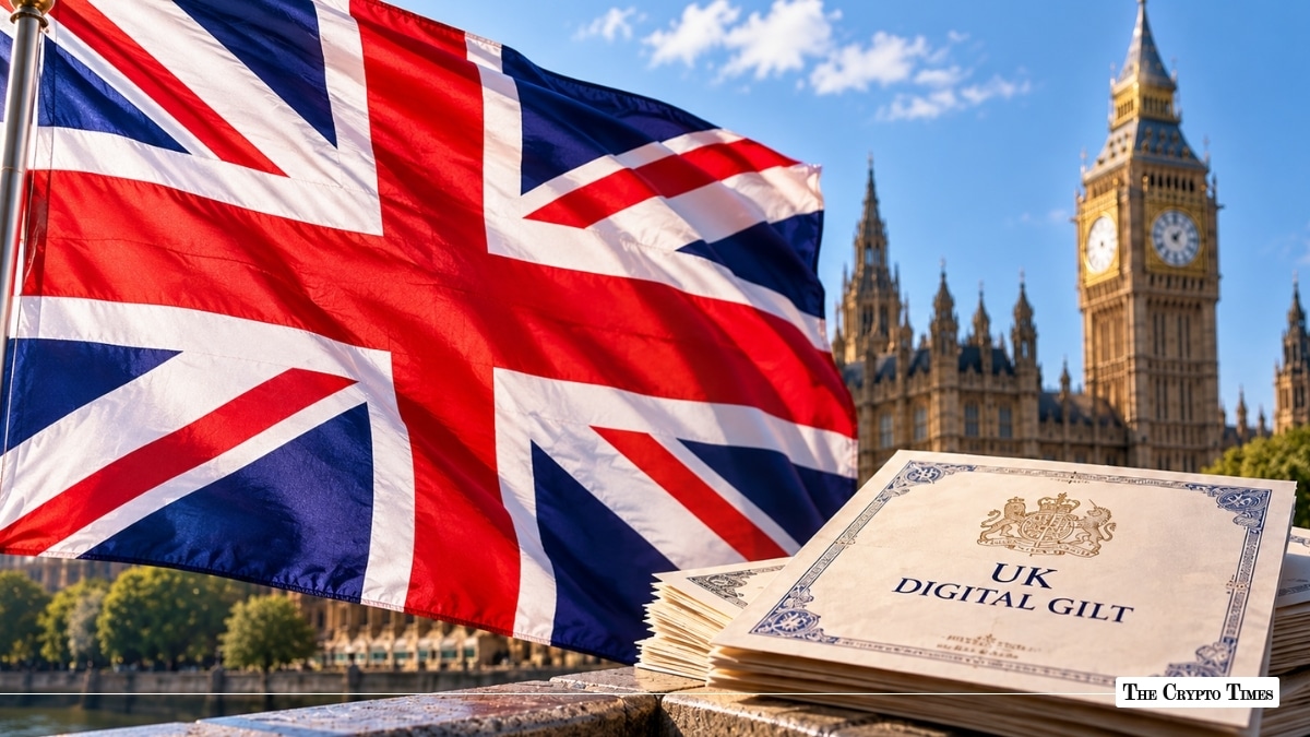 Stack of "UK Digital Gilt" certificates next to a waving Union Jack flag with the Palace of Westminster and Big Ben in the background