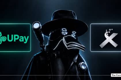 On-chain detective ZachXBT avatar positioned between UPay and Xinbi logos representing illicit crypto card issuance investigation