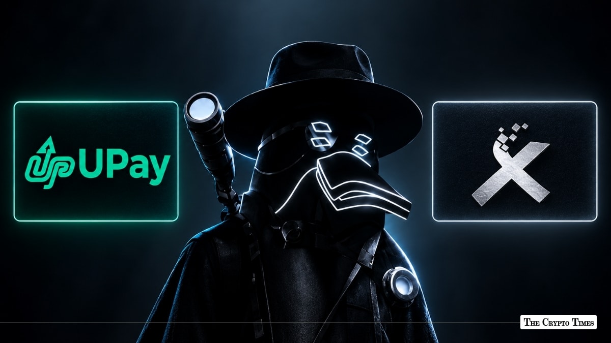On-chain detective ZachXBT avatar positioned between UPay and Xinbi logos representing illicit crypto card issuance investigation