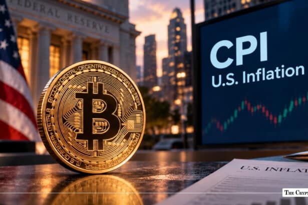 Gold Bitcoin coin with a CPI U.S. Inflation chart and Federal Reserve building