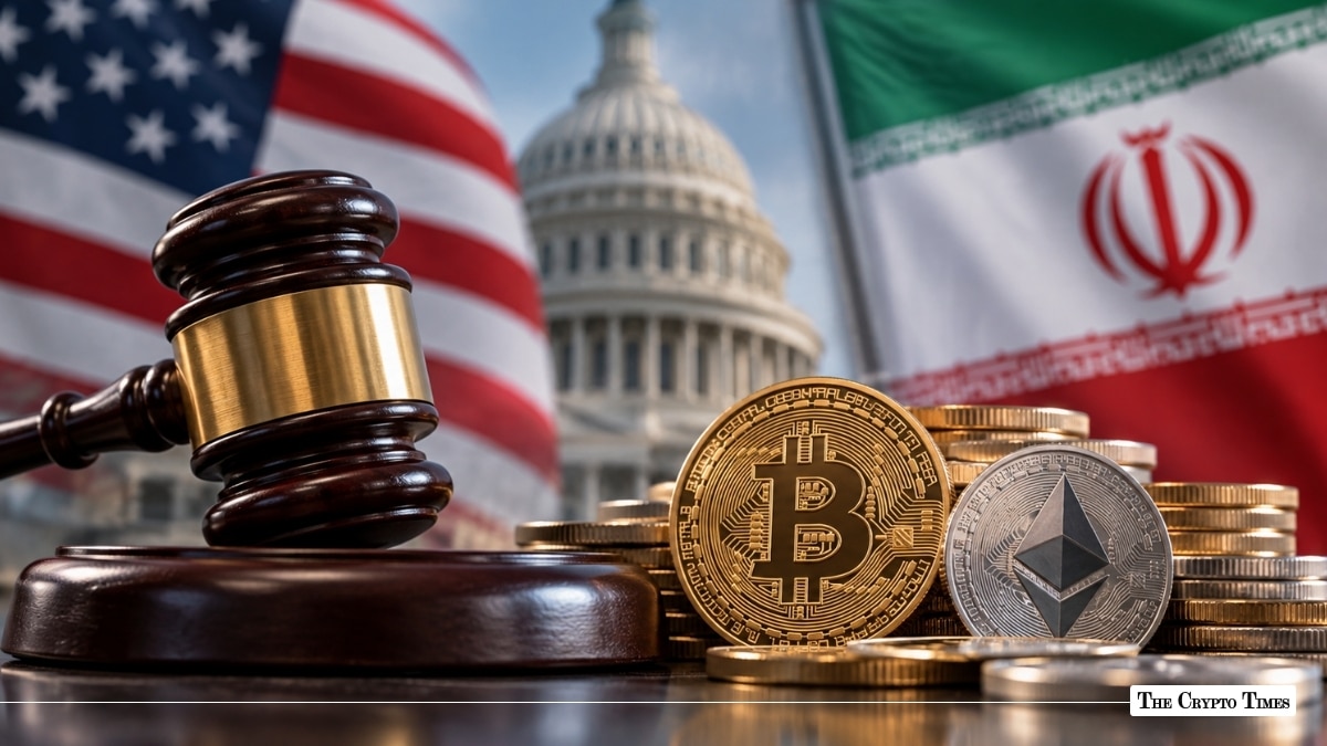Wooden judge's gavel beside Bitcoin and Ethereum coins with the US flag, Capitol dome, and Iranian flag in the background