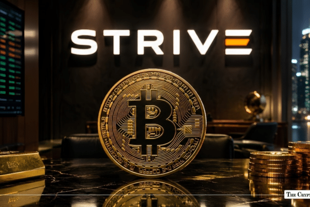 Gold Bitcoin coin and gold bars in front of the Strive corporate logo