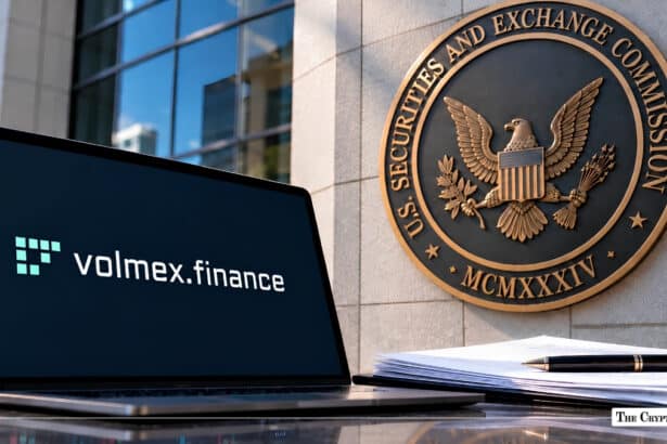 Laptop displaying the Volmex.finance website next to the U.S. Securities and Exchange Commission seal.