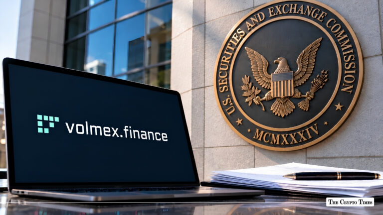 Laptop displaying the Volmex.finance website next to the U.S. Securities and Exchange Commission seal.