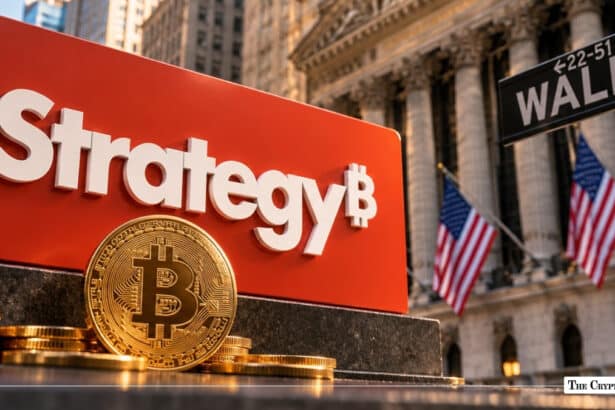 Physical Bitcoin coin in front of a MicroStrategy sign on Wall Street