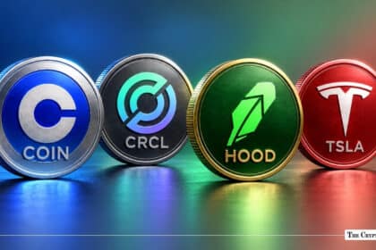 Four physical crypto-equity tokens lined up representing Coinbase (COIN), Circle (CRCL), Robinhood (HOOD), and Tesla (TSLA)