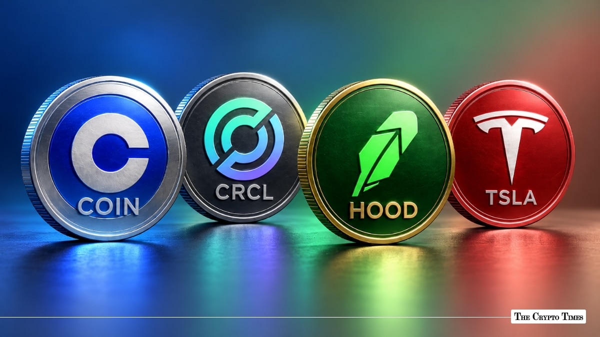 Four physical crypto-equity tokens lined up representing Coinbase (COIN), Circle (CRCL), Robinhood (HOOD), and Tesla (TSLA)