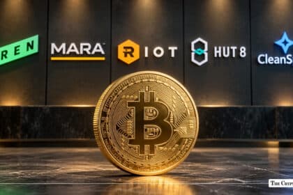 Physical Bitcoin coin in front of IREN, MARA, Riot, Hut 8, and CleanSpark logos