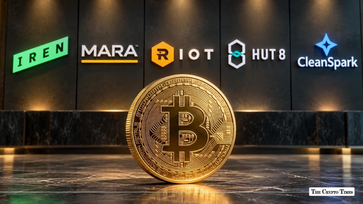 Physical Bitcoin coin in front of IREN, MARA, Riot, Hut 8, and CleanSpark logos