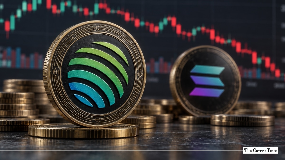 Physical Jupiter (JUP) token coin standing alongside a Solana (SOL) coin with a financial price candlestick chart in the background