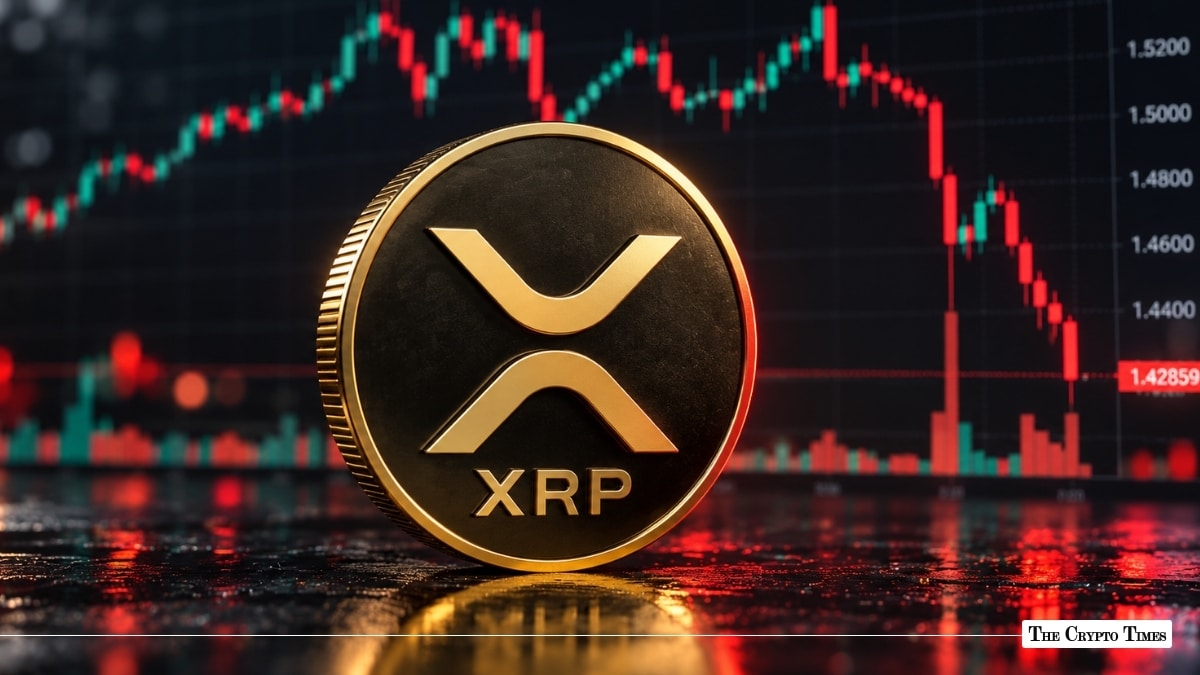 Physical gold XRP coin standing upright in front of a market candlestick chart.